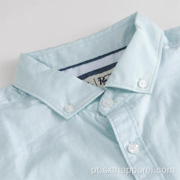 Camisa azul masculina de manga curta 100% algodão popeline